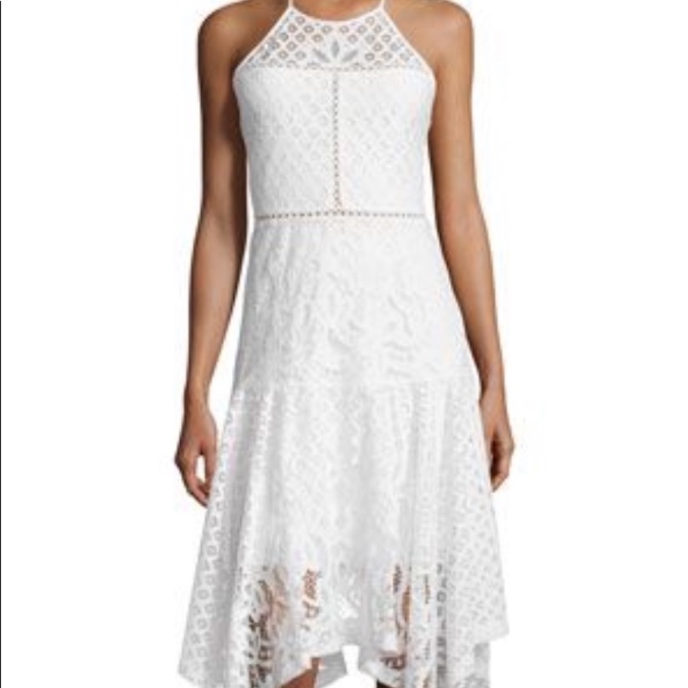 Parker White Lace Asymmetrical Draped Halter Sheath Dress